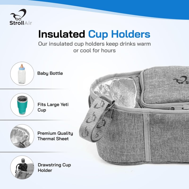 StrollAir Double Parent Stroller Organizer with Insulated Cup Holder Caddy - Universal Fit for Mountain Buggy, Twin Way, Bob Duallie, Baby Jogger City Mini GT (Grey) - Image 5